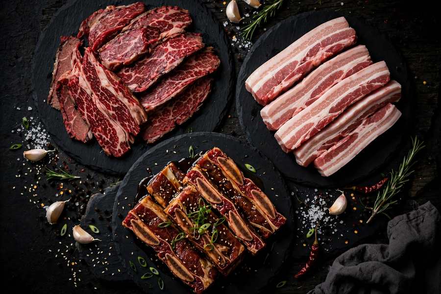 Premium sliced beef, pork belly and marinated short ribs