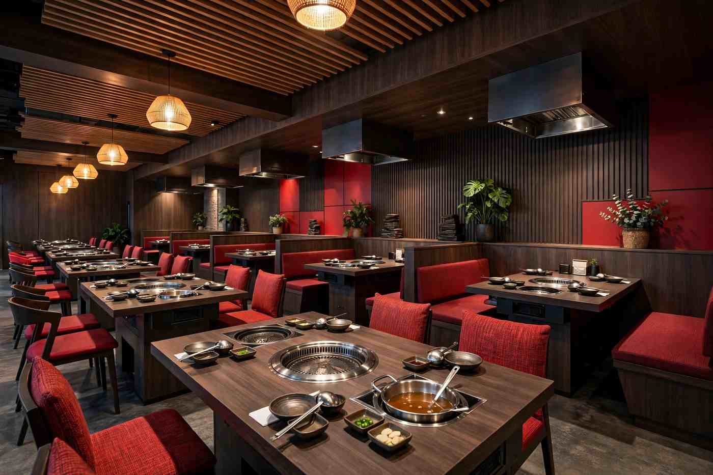 Concept rendering of a modern Korean barbecue and hot pot dining room with warm lighting