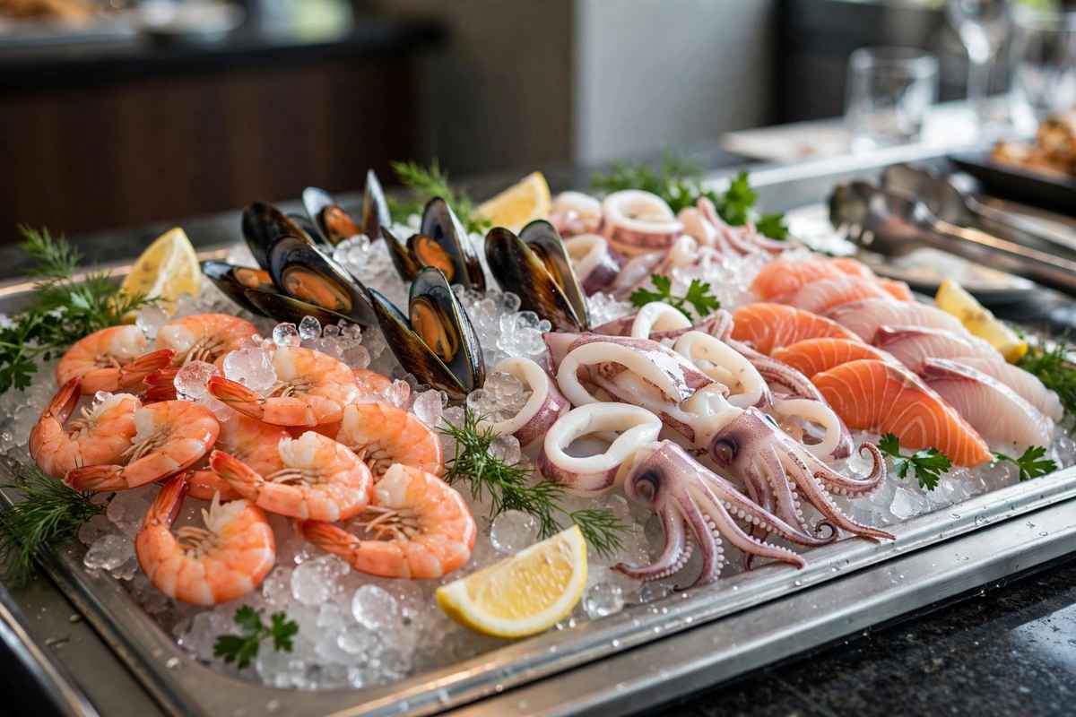 Fresh shrimp, mussels, squid and fish at the seafood buffet